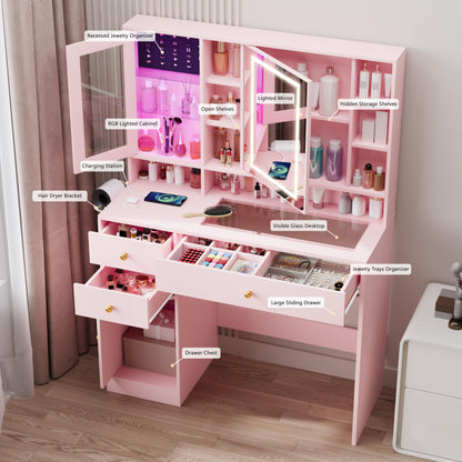 Wodeer Makeup Vanity Desk with Mirror and Lights,Vanity Table Set with Charging Station,Glass Tabletop and RGB Cabinets,Dressing Table with Jewellery Organizers Drawers for Bedroom,Pink