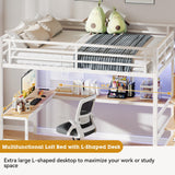 GM Ultra Queen Size Loft Bed with Desk & Storage Stairs, Metal Loft Bed with Wardrobe, LED Light & Charging Station, Versatile High Loft Bedframe for Kids Teens Adults, No Box Spring Needed, White GM Ultra