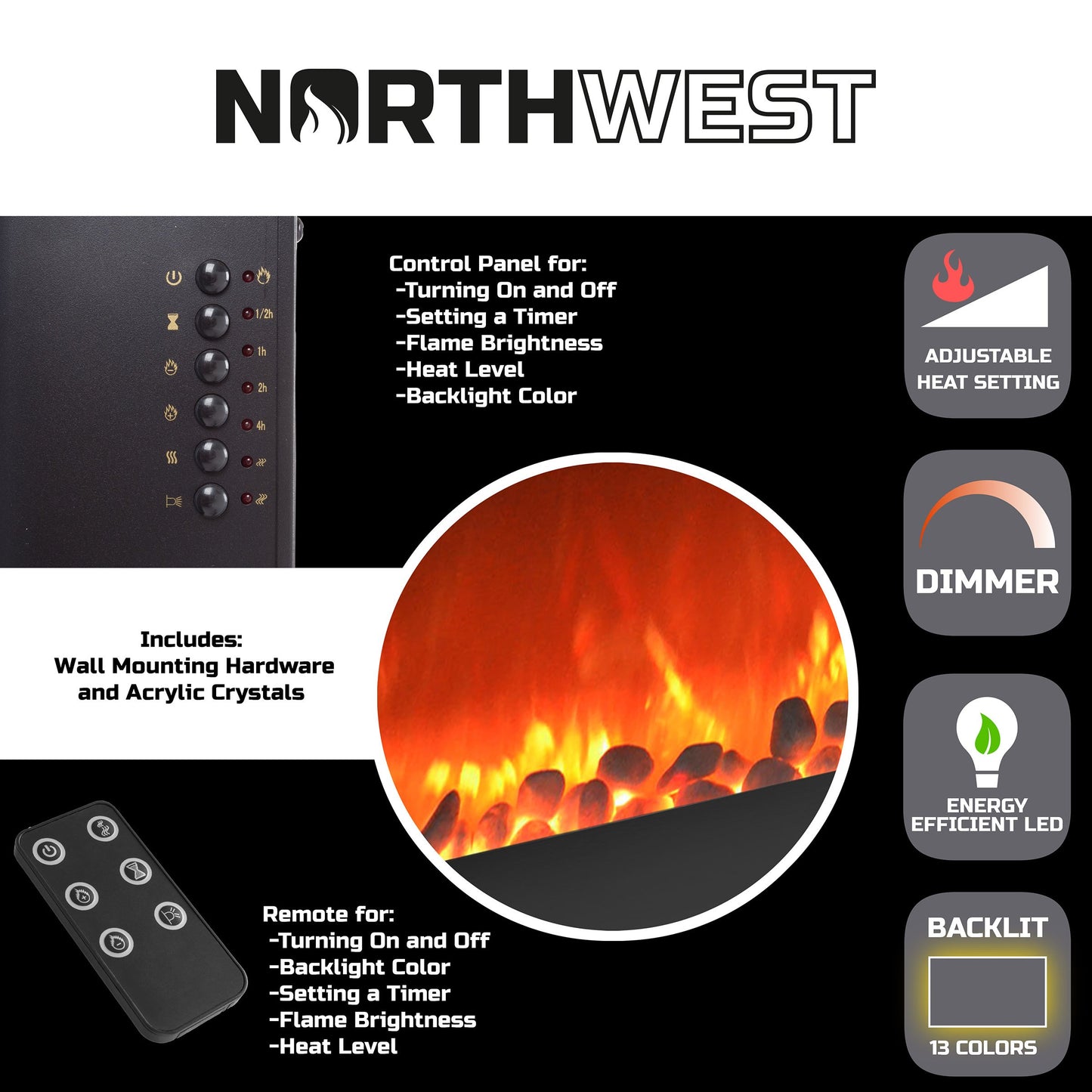 Northwest Electric Fireplace - 30 Inch Wall Mounted Fireplace - 13 Backlight Colors and Remote Controlled LED Flames, Heat, and Brightness (Black)