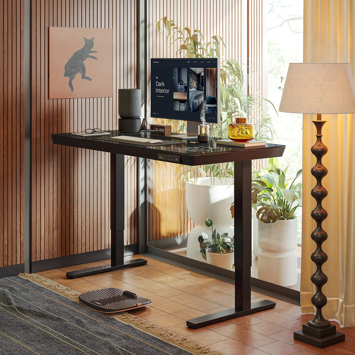 FEZIBO 48 × 24 Electric Standing Desk with Drawers, Whole-Piece Glass Adjustable Height Desk, One-Piece Quick Install Adjustable Sit Stand Desk, Black FEZIBO