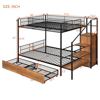 Twin Over Full Metal Bunk Bed with Stairs, Wardrobe and Storage Drawers and Shelves, Modern Style Heavy-Duty Steel Frame Bunk Bed with Safety Rail, for Bedroom, Dorm, Black