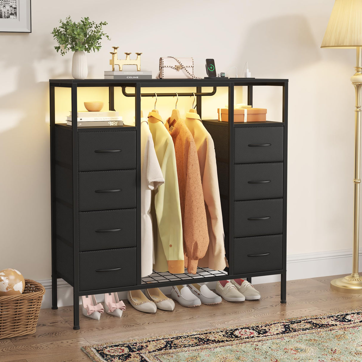HIGDBFE 8 Drawers Dresser with Hanging Rack, Led Dresser with Charging Station, Kids Dressers with Clothes Rack Open Shelves, Chest of Drawers with Wooden Top for Bedroom, Kids Room, Black HIGDBFE