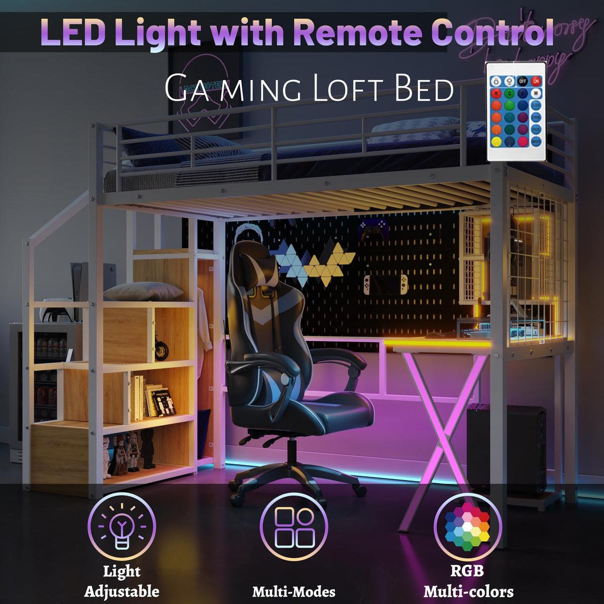 MoproBeti Twin Size Loft Bed with Desk and Storage Stairs,Metal Gaming Twin Loft Bed with LED Lighting, High Loft Bed with Wardrobe and Shelves for Boys,Girls,Teens, Adults,White MoproBeti