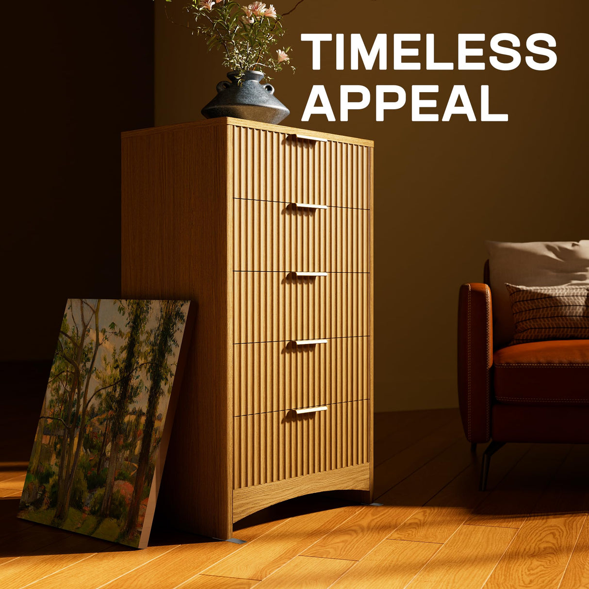 Marsail Fluted 5-Drawer Tall Wooden Dresser, Smooth Gliding Drawers & Large Capacity Storage Space, Modern Organizer Cabinet for Bedroom or Hallway, Natural Oak Marsail