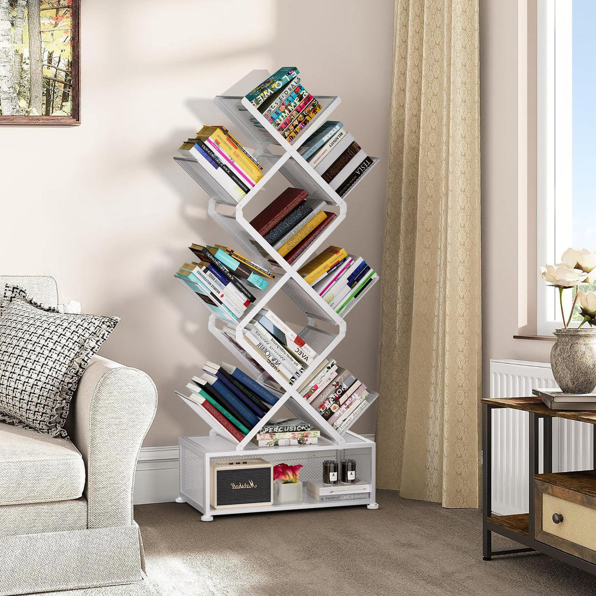 Gintan 9-Tier Corner Bookshelf with Storage,Bedroom Shelves Folding Bookshelves,No Installation Required Shelf Tree Bookcase for Living Room,Study,Home Office,Bed Room (White) Gintan