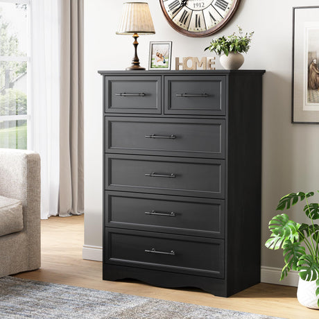 Black Dresser for Bedroom, Modern 6 Chest of Drawers, 44" Tall Chest of Drawers w/Brushed Metal Handle, Wood Closet Organizers and Storage Cabinet for Bedroom, Living Room, Hallway Harpaq