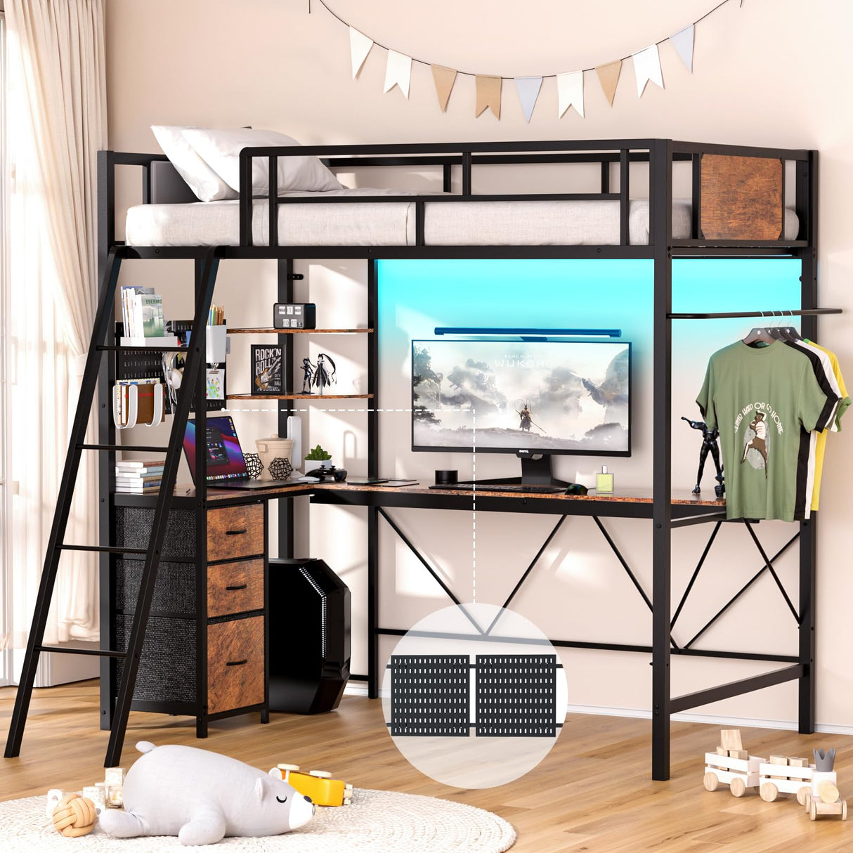 YOEEMZ Loft Bed Twin Size with L-Shaped Desk, LED Lights, Charging Station, Metal Loft Bed Frame with Storage Shelves, Pegboards and 3 Drawers, High Safety Guard, Widened Ladder, No Box Spring Needed YOEEMZ