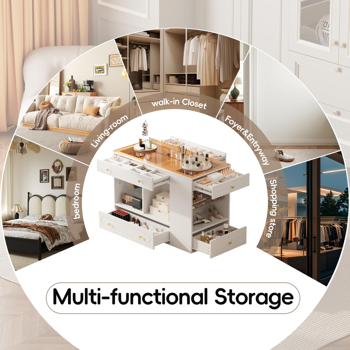 Merax Wood Closet Island with 6 Drawers 47.3" Wardrobe Armoire Bedroom Island with Glass Top and Open Shelves, Jewelry Storage Vanity Island with Compartments, Cloakroom Walk-in Closet Island (White) Merax