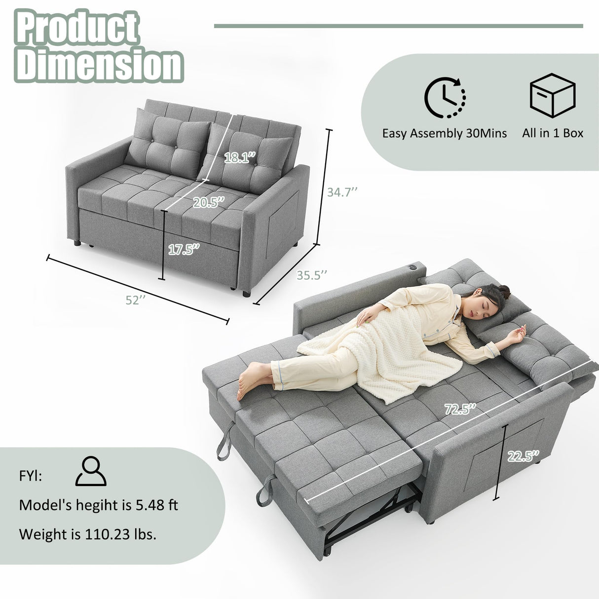 52" Sleeper Sofa with Pull-Out Bed, 3-in-1 Convertible Sofa Bed, Loveseat with Stepless Adjustable Backrest and Side Pocket, for Living Room Dorm Apartment, Linen, Light Gray GOSUHI