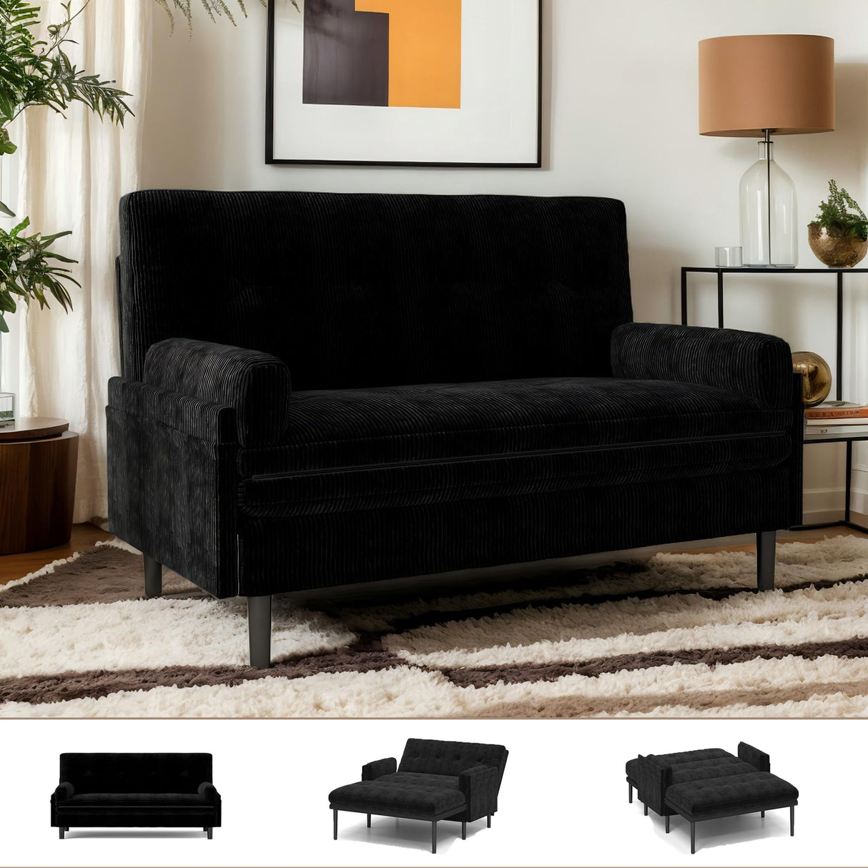 Majnesvon 55" Modern Corduroy Sofa Bed Futon,3-in-1 Convertible Pull Out Sleeper Couch Bed with Adjustable 3 Backrest,Folding Small Loveseat for Living Room Bedroom RV Office (Black) Majnesvon