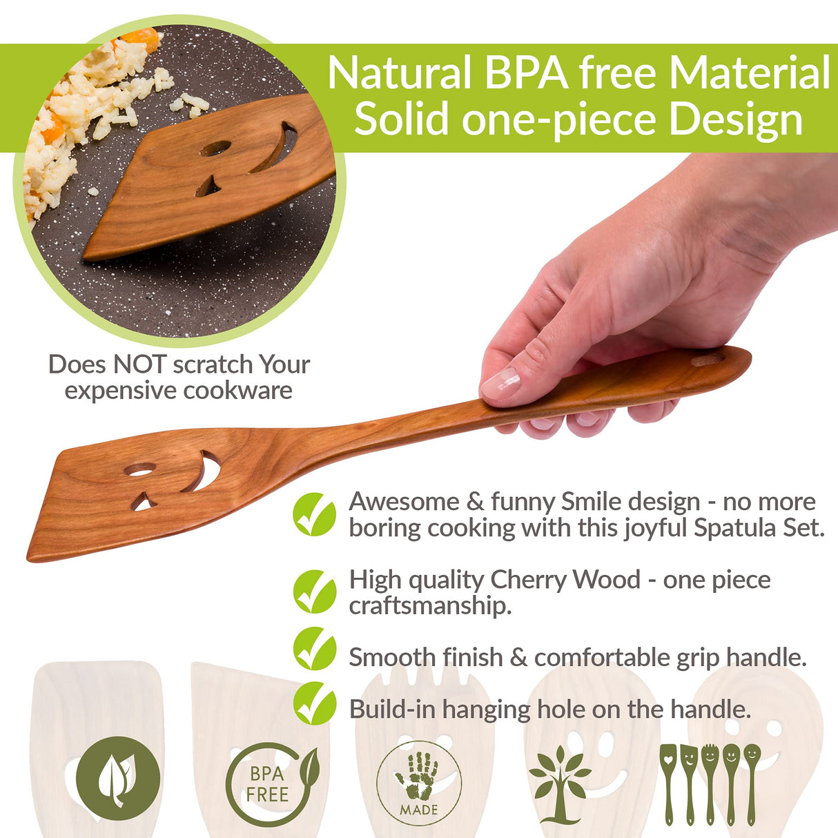 MFC 5-Piece Wooden Cooking Spoons - Kitchen Spatula Set from Natural Cherry Wood - Wooden Spoons for Cooking - Funny Wooden Utensil Set with Smiley Faces - Cooking Multipurpose Wooden Utensils MyFancyCraft
