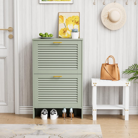 Glavbiku Shoe Storage Cabinet with 2 Flip Drawers, Louvered Shoe Cabinet for Entryway, Narrow Hidden Storage Organizer Space Saving, Shoe Rack Cabinet for Hallway Foyer, Green Glavbiku