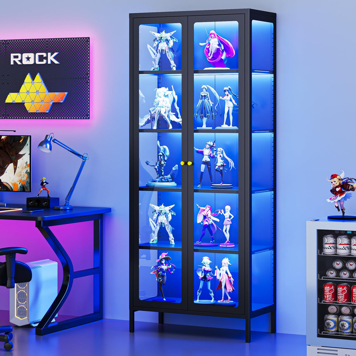 Lucky Monet 5-Tier Glass Display Cabinet with LED Lights, 67" Tall Metal Curio Cabinets with Glass Door and 4 Adjustable Shelves, Large Display Case for Collectibles Figures China Books (Black) Lucky Monet