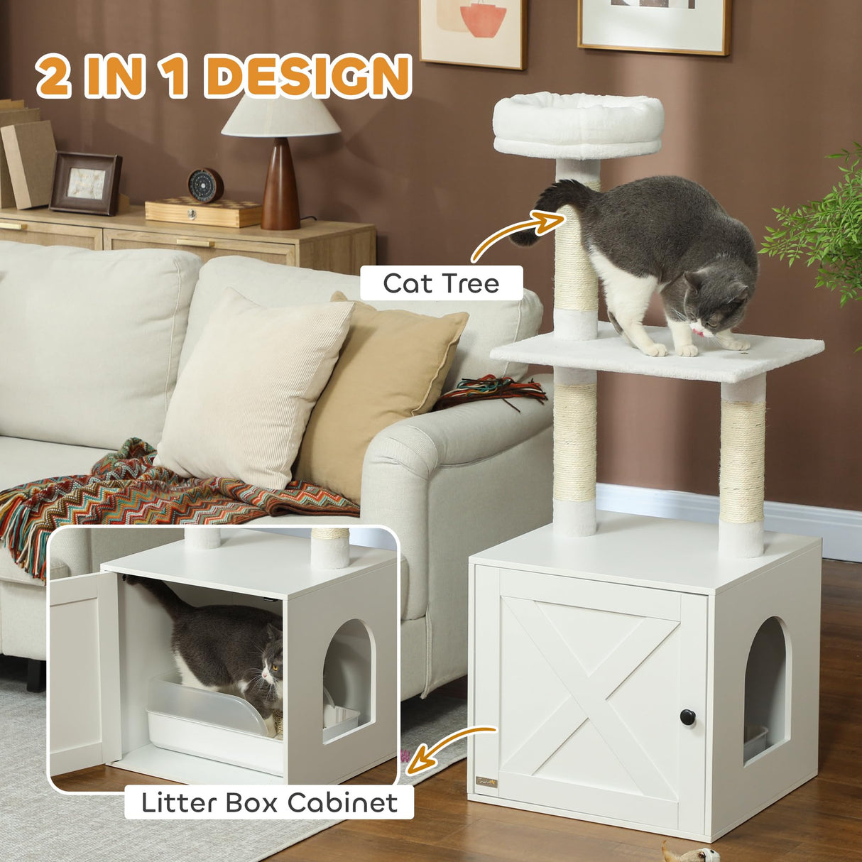 PawHut Cat Tree with Litter Box Enclosure, 2-in-1 Cat Tower for Indoor Kittens with Scratching Posts, Bed, Climbing Platforms, Modern Style Pet Furniture, White PawHut