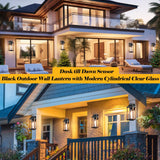 Roravilila Dusk to Dawn Outdoor Light Fixture Rustic Wood, 17” Large Outside Light for House Cylindrical Glass IP65 Waterproof Outdoor Lantern Scone Farmhouse Porch Light Exterior Wall Mounted Lamp Roravilila