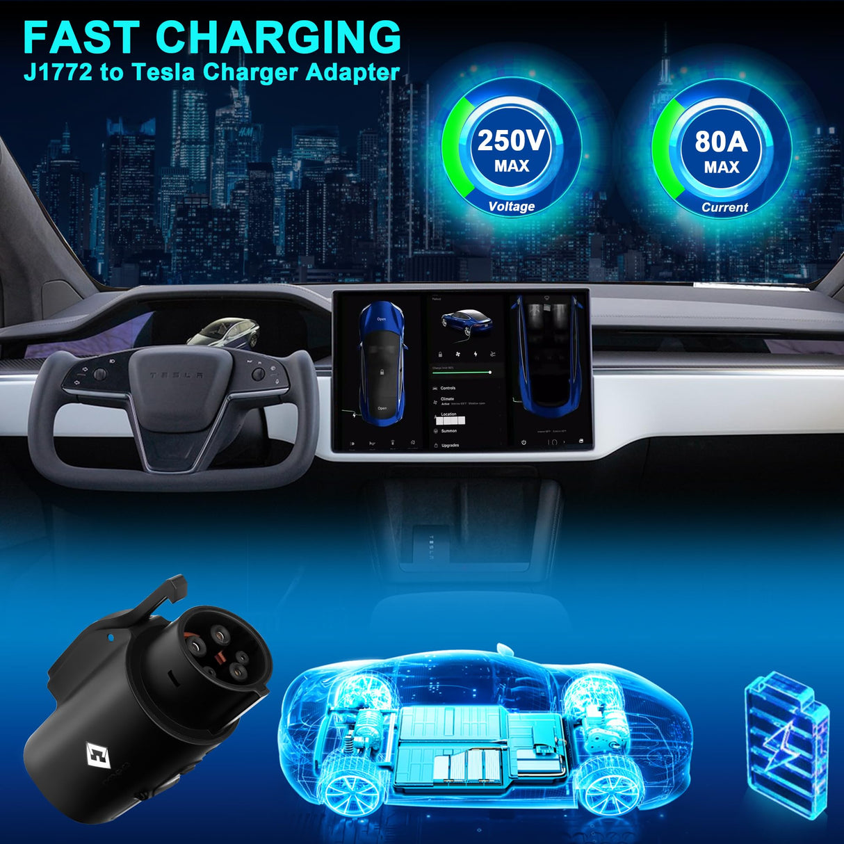 EVCUBNB Tesla to J1772 Adapter, for All J1772 EV, 80A 250V Max, Portable and Outdoor EV Adapter, for Tesla High Powered Connectors, Destination Charger, Mobile Charger, Wall Charger, (Black) EVCUBNB