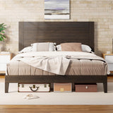 Mid-Century Modern Queen Size Solid Wood Bed Frame with 48" Headboard – Sturdy, Noise-Free Design in Dark Brown AMERLIFE