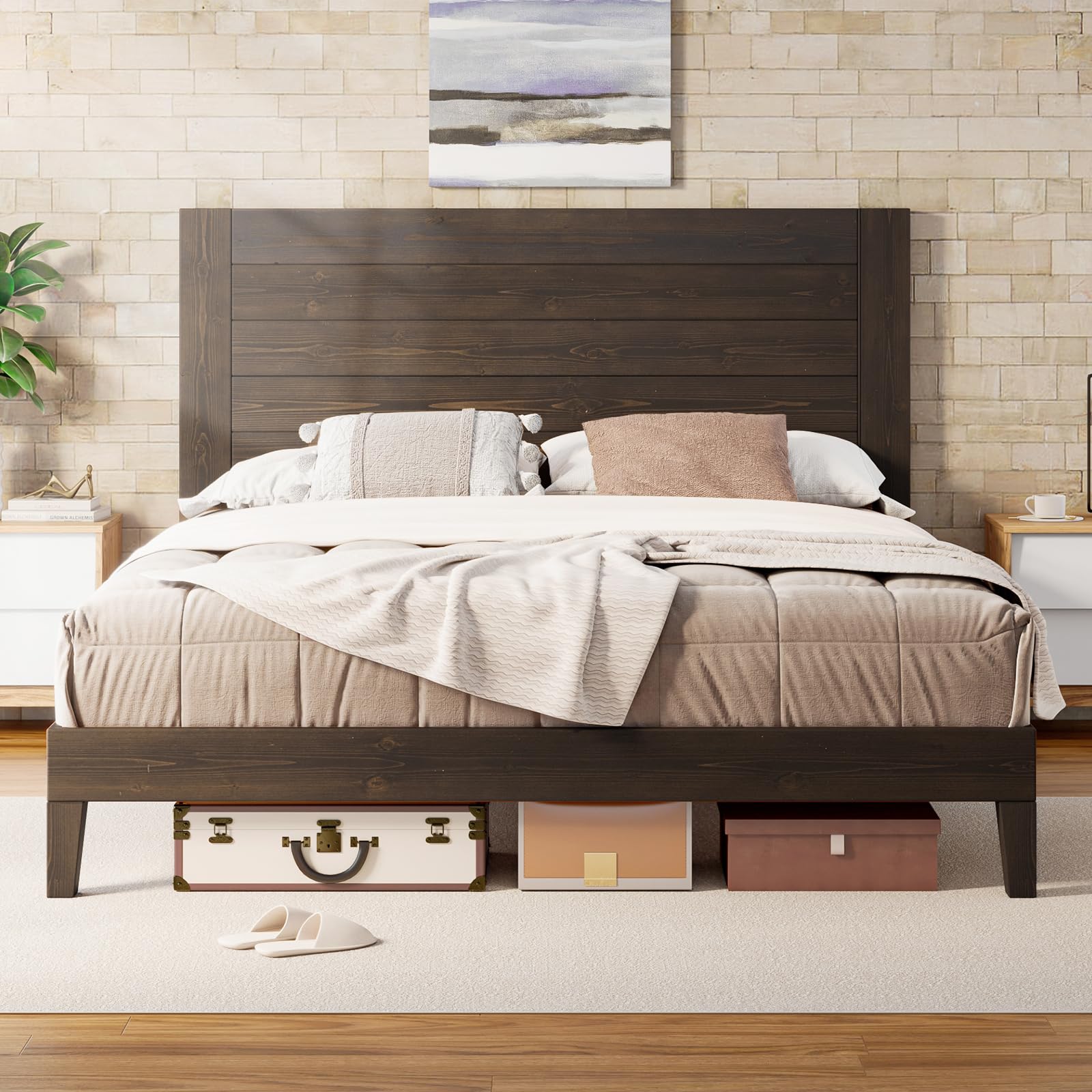 Mid-Century Modern Queen Size Solid Wood Bed Frame with 48" Headboard – Sturdy, Noise-Free Design in Dark Brown - WoodArtSupply