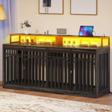 DWVO 71" Double Dog Crate Furniture with LED Light & Power Outlets, Heavy Duty Dual Dog Kennel TV Stand w Storage Shelves Sliding Doors, Wooden Two Dog Cage Table 2 Medium Large Dogs, Black Oak DWVO