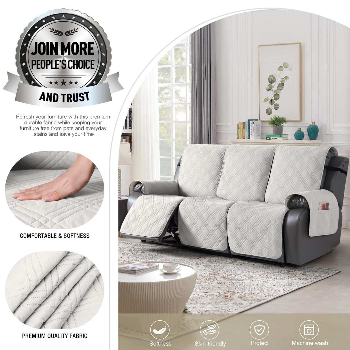 TAOCOCO 100% Waterproof Recliner Sofa Cover, Non Slip Split Couch Covers for Reclining Couches with Elastic Straps, Washable Reclining Sofa Cover Furniture Protector for Kids Pets(3 Seater, Off White) TAOCOCO