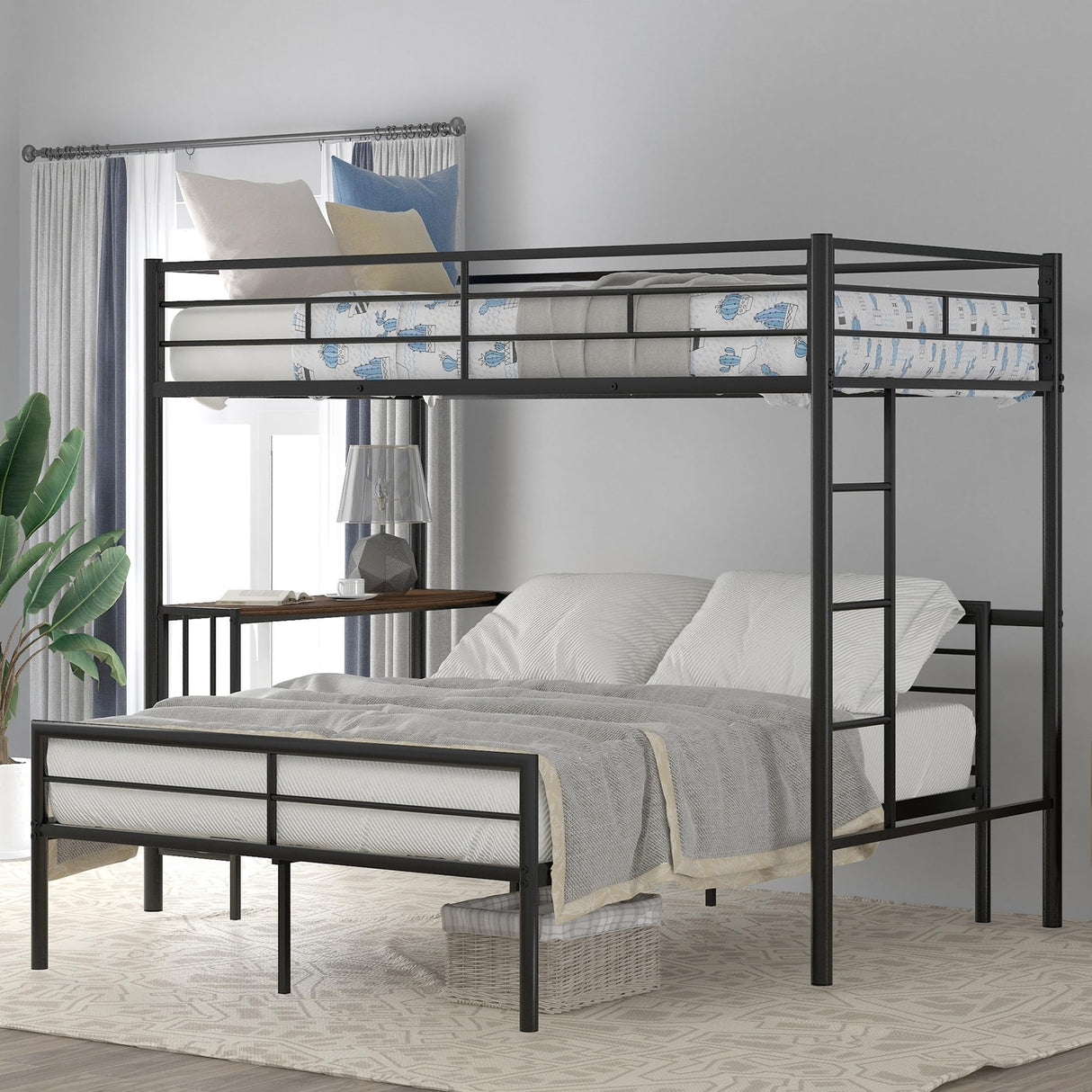 Heavy Duty Bunk Beds Twin Over Full Size, Twin Over Full Bunk Bed with Desk and Side Ladder, L Shaped Bunk Bed Can Be Divided Into One Full Size Bed Frame and One Twin Loft Bed with Desk, Black Bellemave
