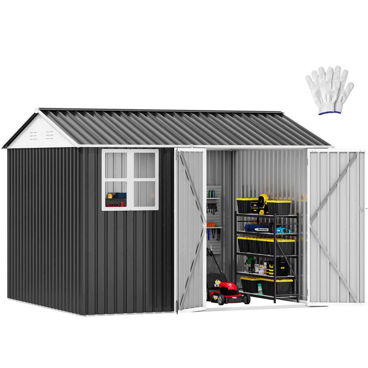DWVO 10x8ft Large Tool Storage Shed with Window, Lockable Doors, and Sloped Roof, Oversized Steel Outdoor Storage Shed for Garden, Patio, Garage, Backyard, Lawn - Dark Gray DWVO