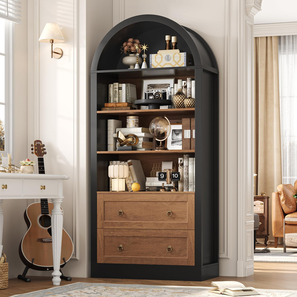 FINETONES 70" Tall Arched Bookcase with Drawers, 6-Tier Arched Cabinet with Open Display Shelves, Farmhouse Wooden Bookshelf Storage Cabinet for Living Room, Home Office (Black/Brown) FINETONES
