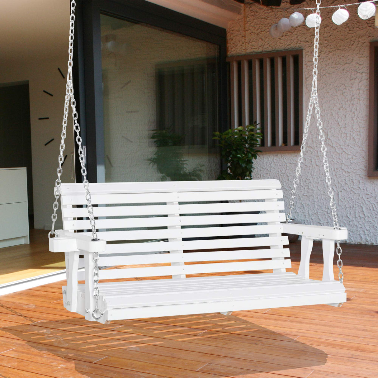 Outsunny Porch Swing with Chains and Cupholders, 2 Person Wooden Patio Swing Chair, 440 lbs. Weight Capacity, for Garden, Poolside, Backyard, White Outsunny