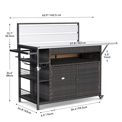 YITAHOME XL Outdoor Kitchen Wicker Island Rolling Cart & Storage Cabinet, Wheels and Stainless Steel Extended Table Top, Side Handle for Patio Kitchen or Bar Cart, Dark Brown