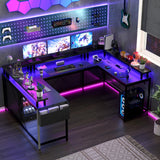 Jojoka U Shaped Computer Gaming Desk, Reversible L Shaped Desk with Power Outlets, LED Strip & Monitor Stand, Large Corner Desk with Storage Shelves for Home Office, Black Jojoka