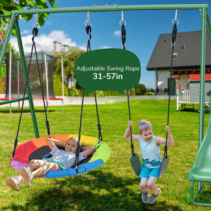 Hapfan 440lbs Swing Sets with Slide for Backyard, Swingset Outdoor for Kids, Heavy Duty Metal Playset, Saucer Swing, Belt Swing, Basketball Hoop