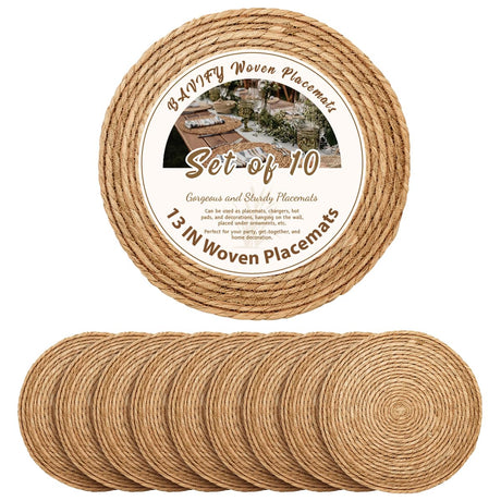 13 in Round Woven Placemats Plate Chargers Set of 10, Boho Farmhouse Rustic Woven Place Mats for Dining Table Decor, Rattan Wicker Table Mats Jute Braided Chargers for Dinner Plates BAVIFY