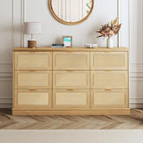 HUAHUU 9 Drawer Dresser for Bedroom, 60 Inch Long Dressers & Rattan Chest of Drawers, Large TV Stand for 55, 65, 70 Inch TV, Boho Style, Modern Dresser for, Living Room, Entryway, Bedroom, Natural Oak HUAHUU