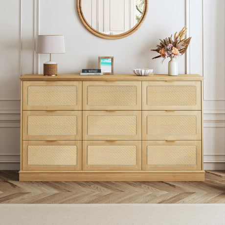 HUAHUU 9 Drawer Dresser for Bedroom, 60 Inch Long Dressers & Rattan Chest of Drawers, Large TV Stand for 55, 65, 70 Inch TV, Boho Style, Modern Dresser for, Living Room, Entryway, Bedroom, Natural Oak HUAHUU