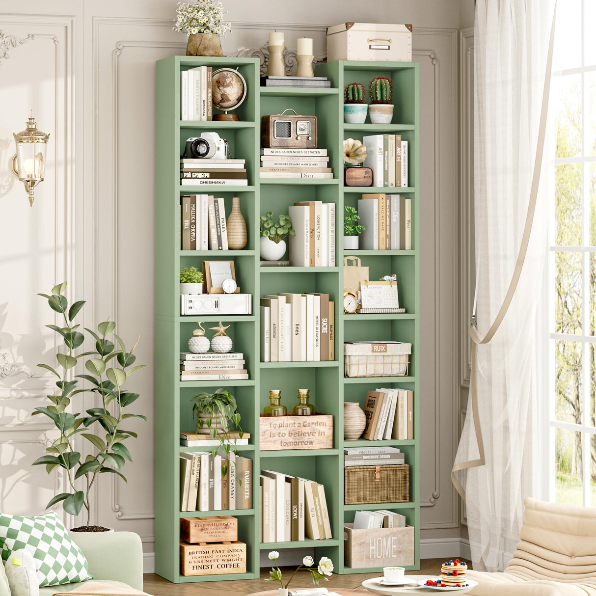 FOTOSOK 71’’ Tall Bookshelf, Triple Wide Bookshelf with Adjustable Shelves, 8 Tier Media CD DVD Storage Tower Rack, Diaplay Cabinet Shelf, Cube Storage Organizer Shelf for Home Office, Green FOTOSOK