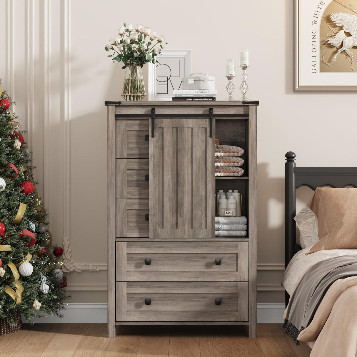 GarveeHome Farmhouse 5 Drawer Dresser for Bedroom, 48 in Tall Wood Dresser Chest of Drawer with Sliding Barn Door, Adjustable Shelf, Storage Organizer for Bedroom, Hallway, Living Room, Kitchen, Grey GarveeHome