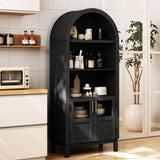 BOMETAO 70" Tall Arched Cabinet, 5-Tier Arch Bookshelf Bookcase with Open & Adjustable Shelves, Glass Door & Metal Handle, Pantry Display Storage Cabinets Cupboard for Kitchen, Living Room, Black BOMETAO