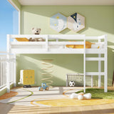 LINKHOO Twin Size Wooden Low Loft Bed with Guardrail and Ladder for Kids, Boys and Girls, No Box Spring Needed, White LINKHOO