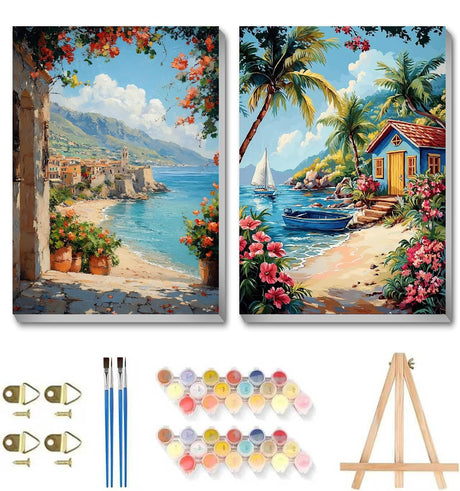 askkqtx 2 Pack Framed Paint by Numbers Kit for Adults with Wooden Easel, Beach Easy Paint by Numbers Kit with Frame, Seaside Watercolor Adult Paint by Number Framed Canvas 8x12 Inch askkqtx