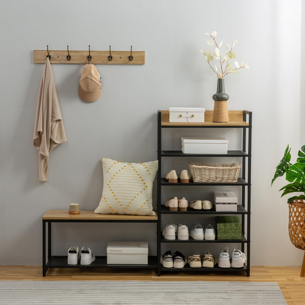 SUNTAGE 6-Tier Coat Rack Shoe Bench Set, Entryway Bench with 6 Hooks Coat Rack, Hall Tree with Bench and Shoe Storage for Entryway, Hallway, Garage, Bedroom (Vintage Oak) SUNTAGE