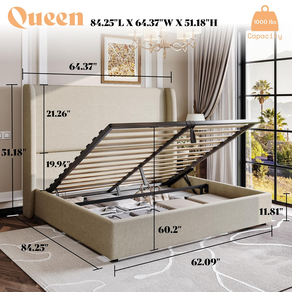 AMERLIFE Lift Up Storage Bed Queen Size Linen Upholstered Platform Bed Frame, Hydraulic Storage,Modern Wingback Headboard, No Box Spring Needed, Khaki AMERLIFE