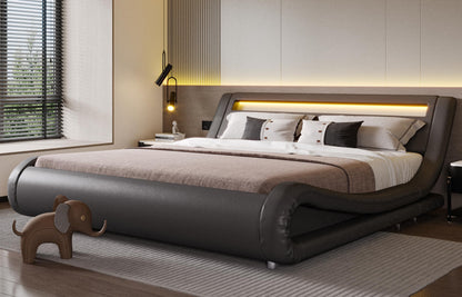 SHA CERLIN LED King Deluxe Upholstered Bed Frame - Adjustable Grey Sleigh Design with Music Sync Lighting - WoodArtSupply