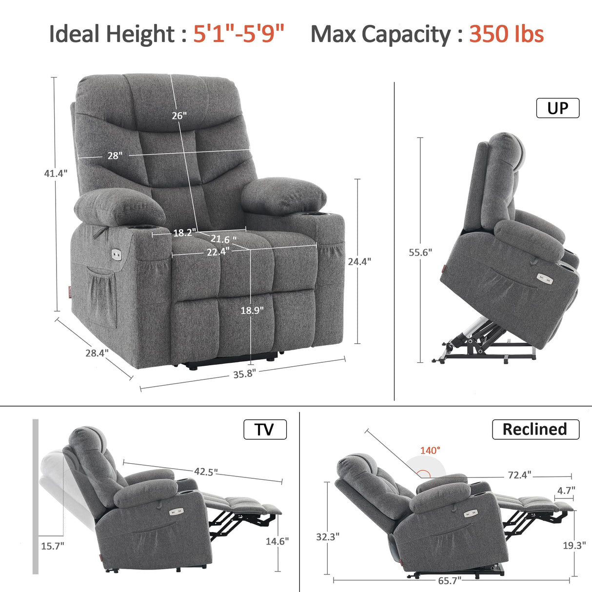 MCombo Power Lift Recliner Chair with Extended Footrest for Elderly People, Fabric 7287 (Dark Gray, Medium-Regular) MCombo