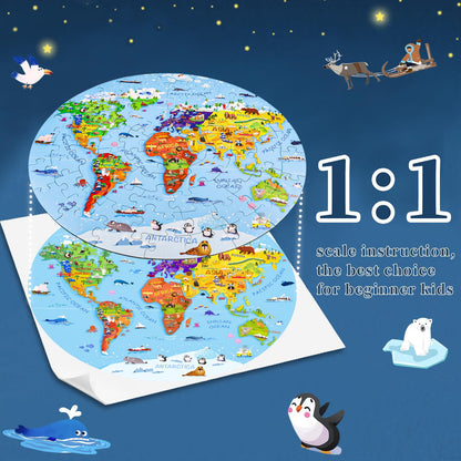 DIGOBAY World Map Jigsaw Puzzle for Kids 4-8, 70 Piece Large Round Floor Puzzles for Kids Ages Toddler Puzzle Globe Geography Games Educational Toys Birthday for Children