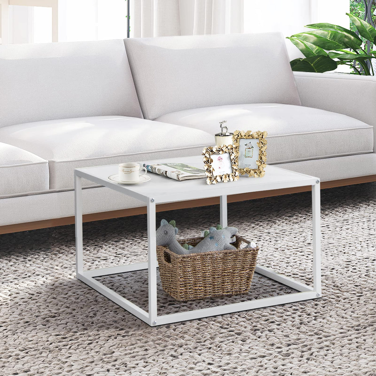 Giantex Square Coffee Table with Faux Marble Tabletop & Steel Frame, Center Cocktail Table, Accent Living Room Furniture, Low Bedside Table, Easy Assembly (White) Giantex