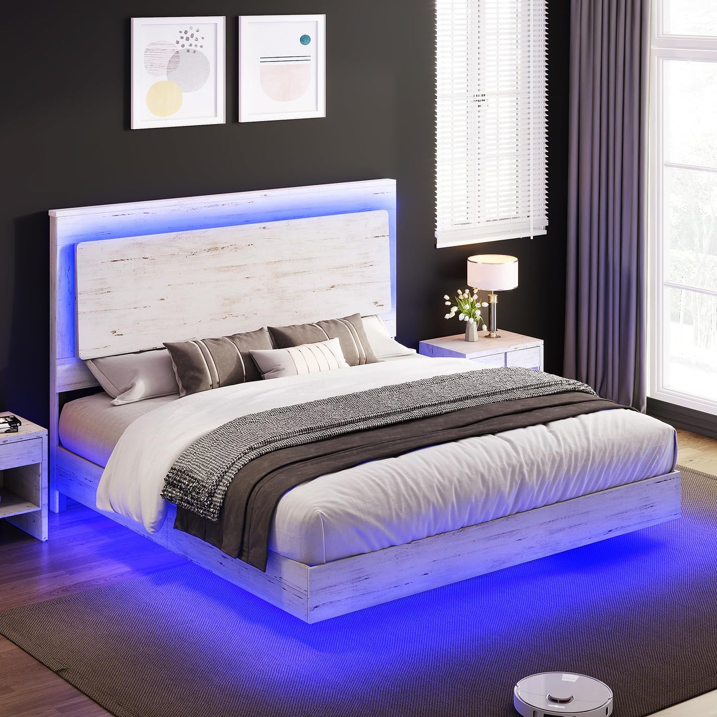 AMERLIFE Distressed White Full Bed Frame with Floating Design, Recline Headboard & Versatile RGB LED Lighting - WoodArtSupply