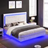 AMERLIFE Distressed White Full Bed Frame with Floating Design, Recline Headboard & Versatile RGB LED Lighting AMERLIFE