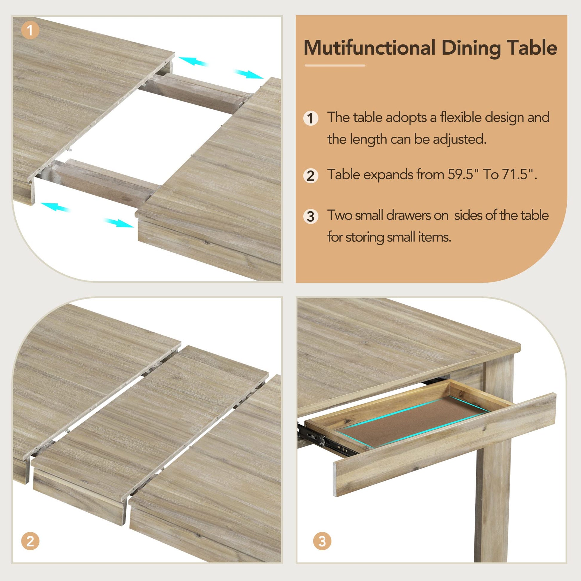 Merax 7-Piece Wooden Dining Table Set, Multifunctional Extendable Tabletop with 12” Leaf and 2 Drawers, 6 Chairs with Soft Cushion, Natural Wood Wash - WoodArtSupply