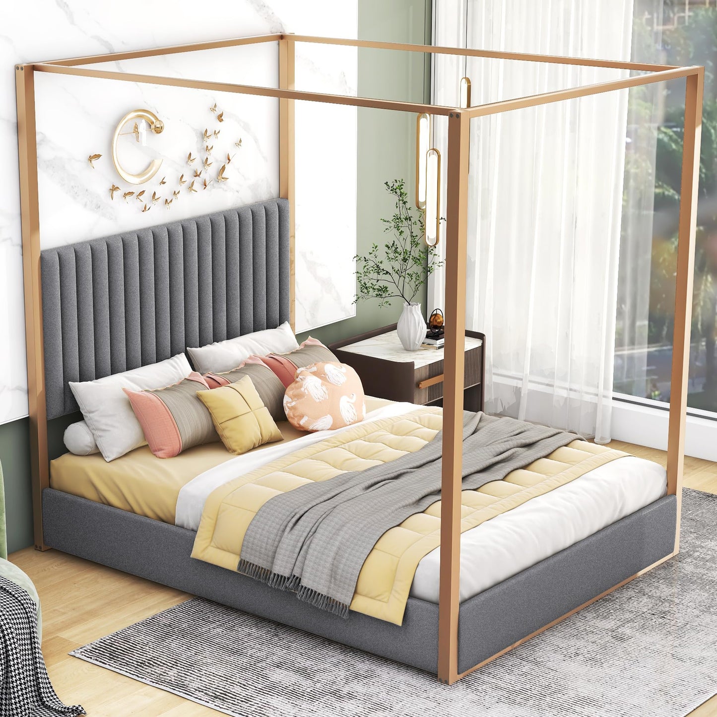 BOVZA Queen Size Upholstered Canopy Platform Bed Frame with Channel Tufted Headboard and Metal Frame, No Box Spring Needed, Gray