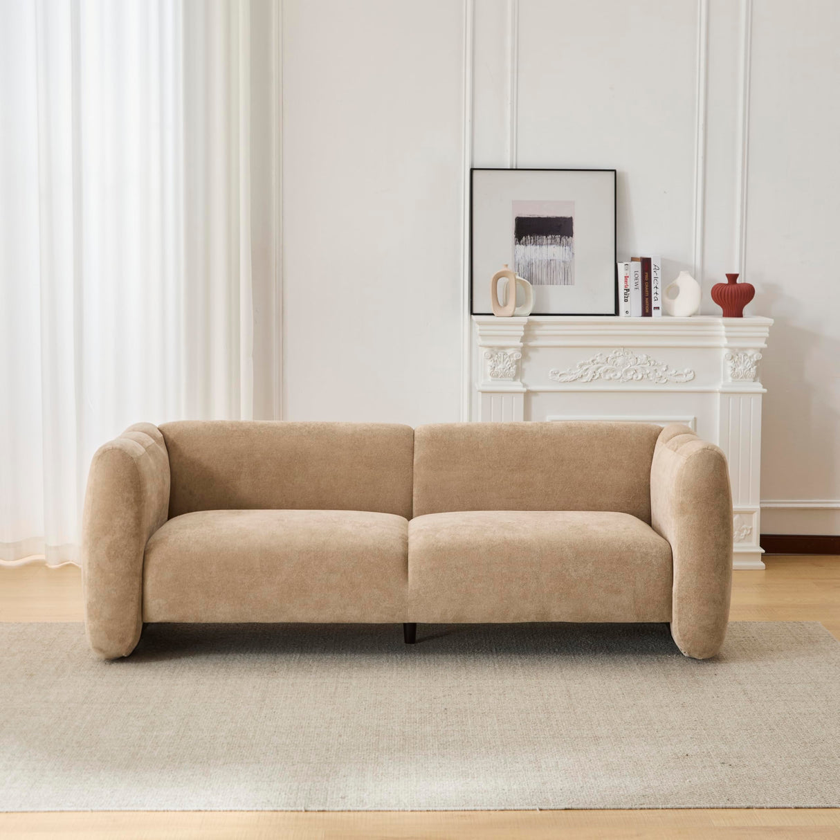 Christopher Knight Home Ahri 83'' Wood Frame Lounge Sofa Couch with Wave Design, Soft Seating 3-Seater Sofa with Armrests, Comfy Velvet Upholstered Home Sofa for Living Room and Office, Camel Christopher Knight Home